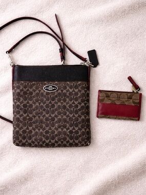 Coach Y2K Signature Canvas Crossbody Bag + Card Case Set Brown Red